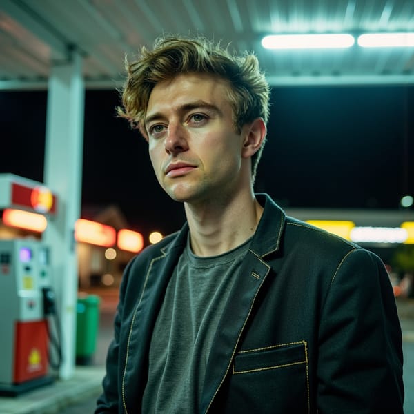 A cinematic late-night portrait of a man (early 30s) standing under a gas station canopy, waist-up framing, camera at eye level, subject slightly turned away with head angled back toward camera. Hair: slightly grown-out short hair, natural texture, a bit unkempt. Face: realistic skin texture with visible pores, mild under-eye darkness, faint stubble, tired but alert expression, eyes catching overhead light. Wardrobe: dark denim jacket with visible stitching and worn fabric edges, gray cotton t-shirt underneath with subtle wrinkles. Lighting: cool fluorescent overhead lights as key, mild greenish cast balanced with soft warm fill from distant signage, clean shadow definition. Background: blurred gas pumps and night road lights, abstract shapes only, no readable logos. Camera: 50mm lens, f/2, shallow depth with crisp facial detail. Mood: quiet, cinematic isolation. Highly detailed, highly realistic, HDR quality, cinematic night realism, minimal background clutter.