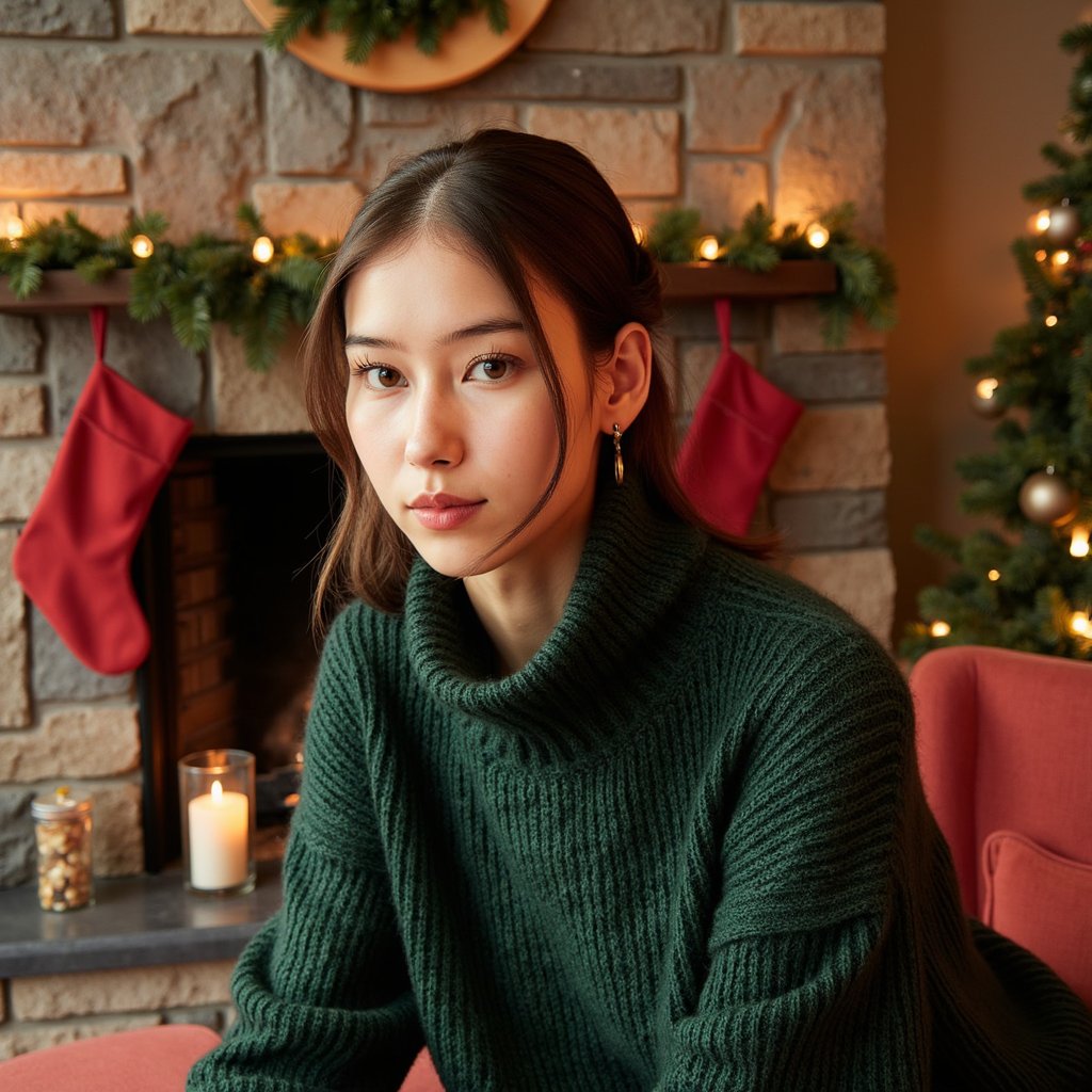 Headshot photo of a woman seated slightly angled to camera (rule-of-thirds framing, not centered), chin gently lowered, soft half-smile. She wears a deep-green cashmere turtleneck with fine ribbing and subtle pilling detail; delicate gold hoop earrings and a thin chain necklace. Hair: glossy loose waves tucked behind one ear. Makeup: warm neutral tones, soft brown liner, dewy skin, subtle highlight on cheekbones. Lighting: warm firelight key from camera-left, dim practicals in background, gentle rim light from a table lamp to separate hair from backdrop. Background: stone fireplace with a discreet garland and two matte red stockings, minimal clutter, soft bokeh fairy lights; shallow depth of field. Camera: 85mm lens, f/1.8, eye-level; highly detailed, highly realistic, HDR; skin texture natural, knits show thread grain; no motion, serene, editorial quality.