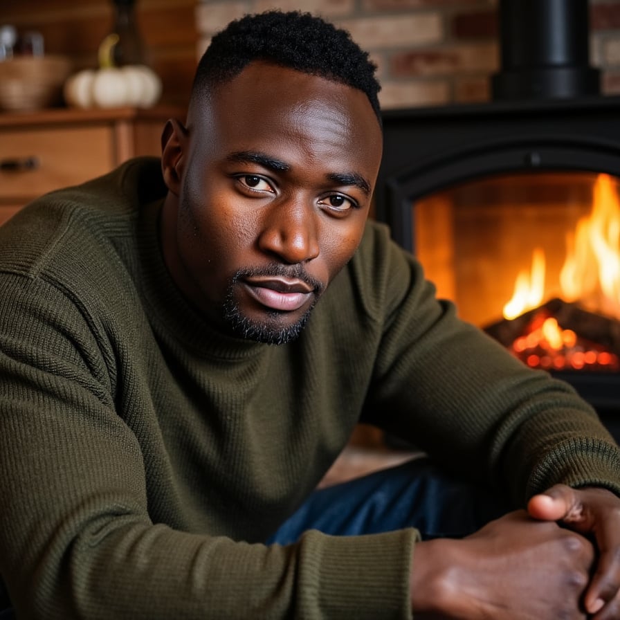 Hyperrealistic, highly detailed, HDR waist-up portrait of a man (male, ~35 yrs) sitting near a glowing fireplace in a dimly lit cabin interior. Camera slightly above eye level (~10° down). He wears a dark olive knit sweater with thick ribbed cuffs and visible wool fibers, sleeves loosely folded at wrists. His elbows rest lightly on knees, hands loosely clasped. Firelight reflects softly in his eyes, adding amber glow to facial contours. Background blurred but warm — faint flicker of flames and texture of brick hearth. Visible details: skin pores, faint stubble, sweater fibers, reflected light gradients on face. The mood: introspective Thanksgiving evening. HDR, high resolution, high quality, highly detailed, photorealistic.