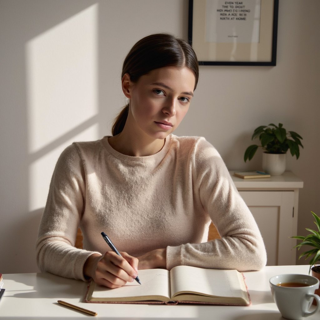 Gender: Female

Pose: Close-up shot, seated at a desk with a notebook open, writing down New Year’s resolutions with a pen.

Attire: Cozy sweater in soft beige, with a slightly textured knit. Soft, natural look.

Hairstyle: Hair pulled back into a neat ponytail with a few loose strands around the face.

Lighting: Natural daylight streaming in through a window, casting soft shadows on the subject and desk.

Background: A minimalist, tidy desk with a cup of tea, a plant, and a few scattered stationery items. A neutral-colored wall with a framed motivational quote is in the background.

Camera Angle: Top-down, focusing on the writing hand and the open notebook, with the face slightly visible in the frame.

Additional Details: The image is highly detailed, with realistic fabric textures on the sweater, the pen’s shine, and clear, sharp focus on the notebook writing.