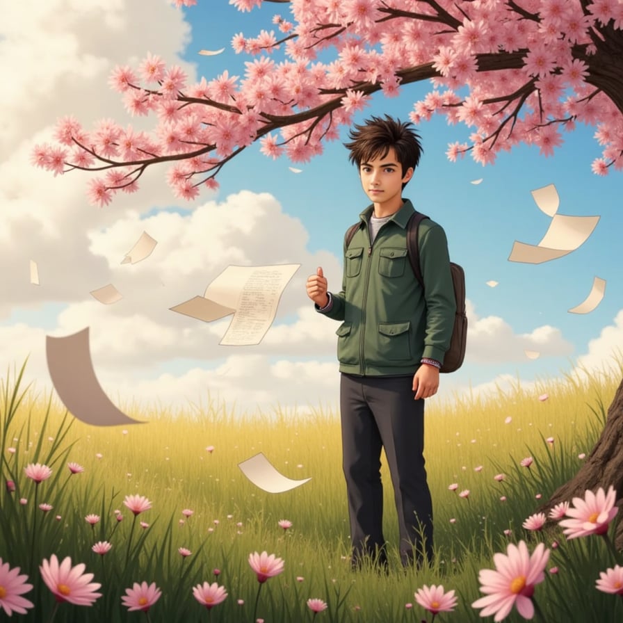 An engineer boy standing in a field with flying paper blueprints, cherry blossoms drifting past — scene from The Wind Rises