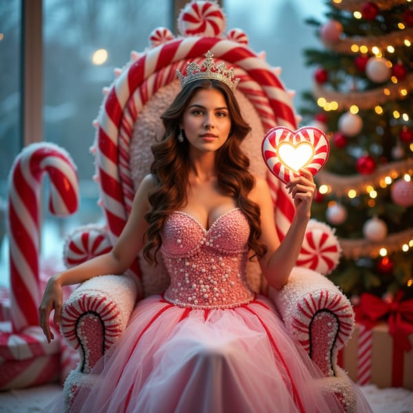 A whimsical woman wearing a stunning dress made of candy – peppermint swirls, gumdrops, and spun sugar. She sits on a throne of giant lollipops and gingerbread, holding a glowing gift card shaped like a candy cane. Around her, a fantastical Candyland kingdom sparkles with oversized Christmas treats, and the gift card glows with sweetness and joy