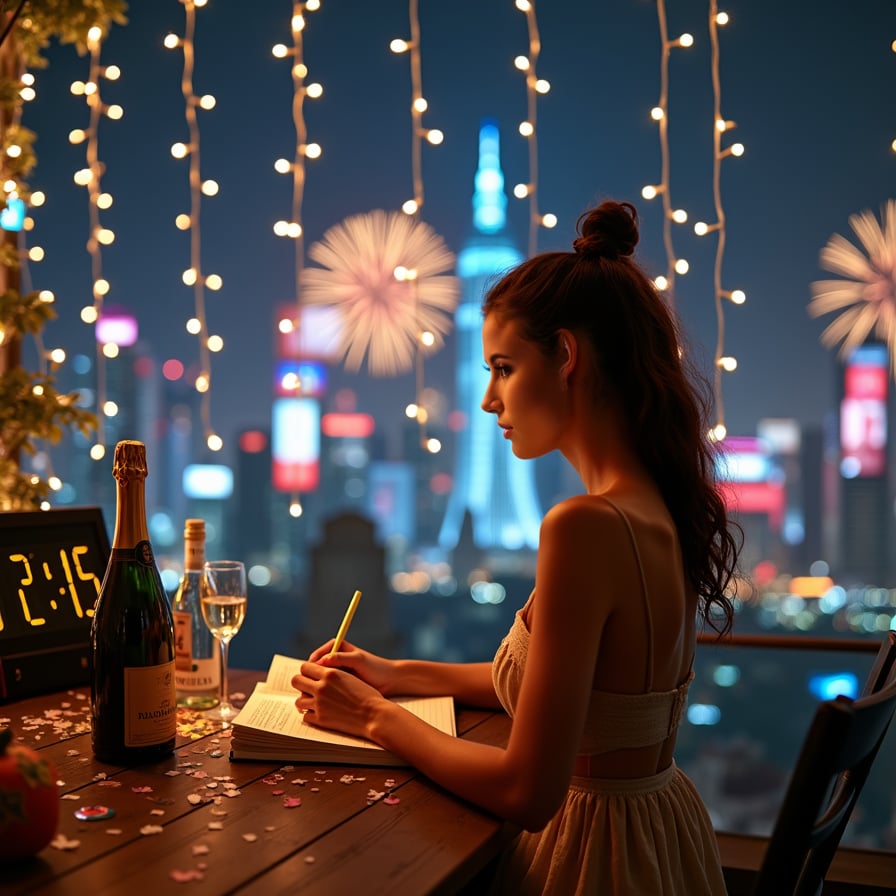 Under a canopy of string lights, a woman writes her resolutions in a journal, her face lit up with a mix of reflection and anticipation. She’s wearing a simple yet stunning dress, with scattered confetti and a digital clock in the background showing '12:15 AM
