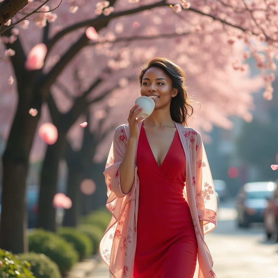 A fashionable woman in a sleek red dress walks down a quiet street lined with cherry blossom trees. The petals drift through the air as she sips her coffee, lost in thought, with a soft cityscape in the background