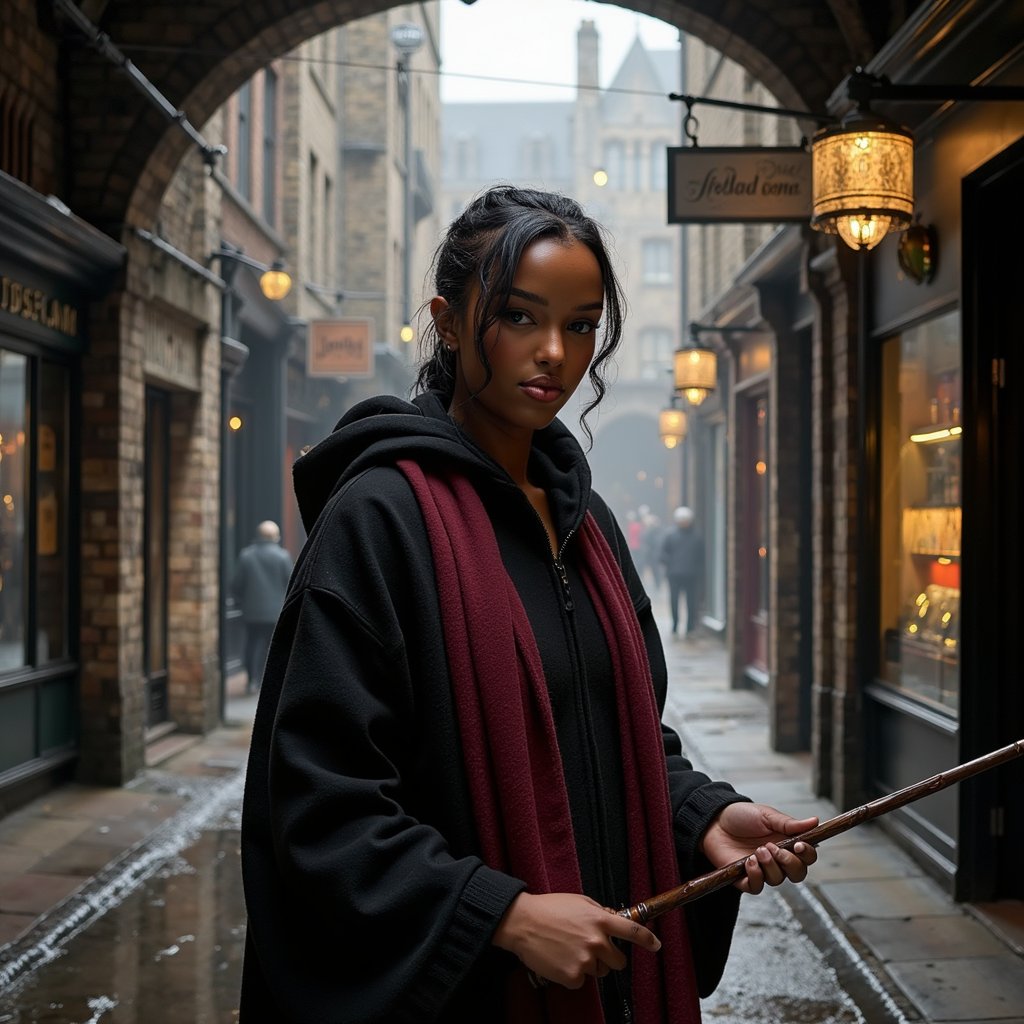 Ultra-detailed HDR medium shot of a 17-year-old female Hogwarts student with medium-brown skin, soft natural makeup, and dark brown almond eyes glancing slightly away from lens with a subtle smirk. Black hair styled in a low bun under the hood of her robe, damp from light rain. Wearing a black wool Hogwarts robe with subtle water droplets clinging to fabric and maroon scarf edges darkened from moisture. Pose: mid-stride, right hand casually holding wand by side, left hand adjusting hood slightly. Camera: Nikon Z9, 50mm f/1.6 prime, aperture f/1.6, camera at chest height to capture subject with environmental context. Lighting: soft diffused overcast daylight (5600K) for even skin tone, supplemented by warm amber shopfront lights reflecting in puddles. Background: blurred Diagon Alley storefronts with hanging signs and faint magical movement in windows, puddles on cobblestone reflecting gold light, no foreground distractions.