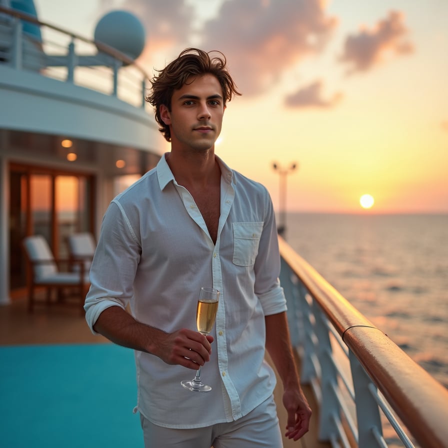 Fitness on Deck: The model is in activewear, engaged in a workout session on the ship’s sports deck or fitness center. he’s performing an exercise or stretching with the ocean in the background, showcasing a blend of fitness and luxury.