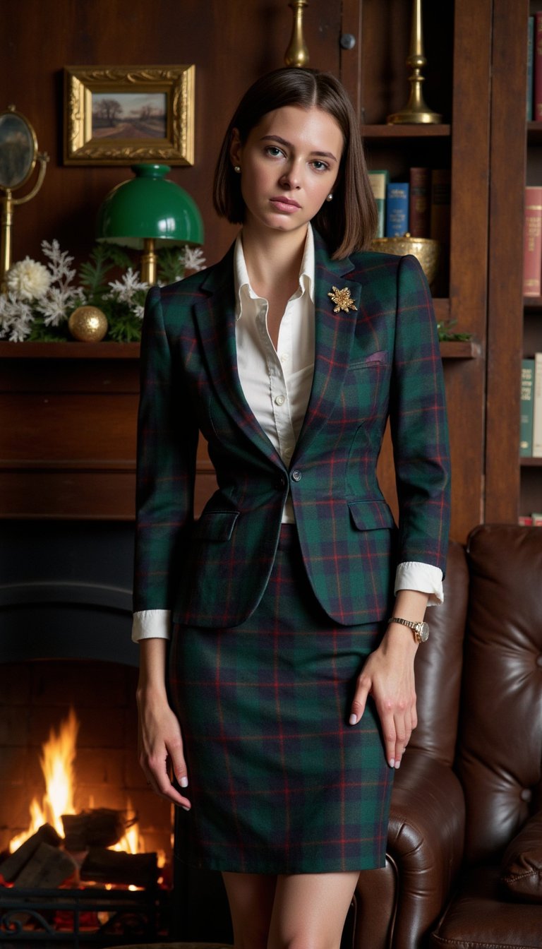 close up of a woman wearing a fitted tartan unbuttoned blazer and skirt in deep green and red over a crisp white shirt, with a slim navy knit tie and a subtle gold brooch on her lapel. Her hair is softly waved and tucked behind one ear. She stands beside a deep brown leather armchair inside a wood-paneled library, with bookshelves, a green banker’s lamp, and a few brass picture frames glowing under soft candlelight in the background. The scene is illuminated by warm cinematic lighting with a shallow depth of field, gentle film grain, high resolution, HDR, highly detailed, and photorealistic.