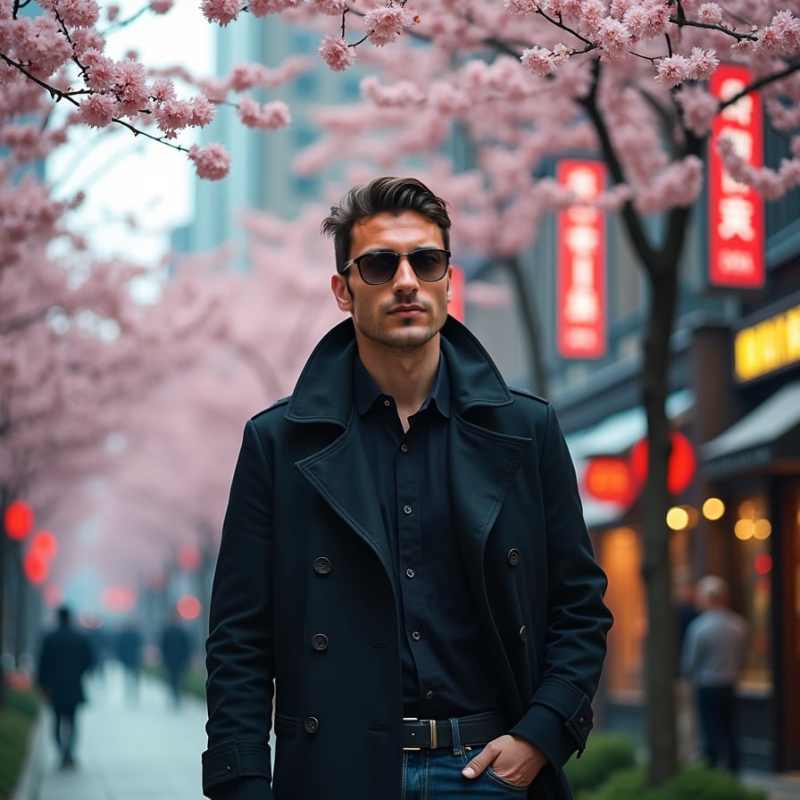 A stylish man in a black trench coat and sunglasses walks through a bustling city street lined with sakura trees. Neon signs reflect off the falling petals, creating a cyberpunk aesthetic with a mix of nature and technology.