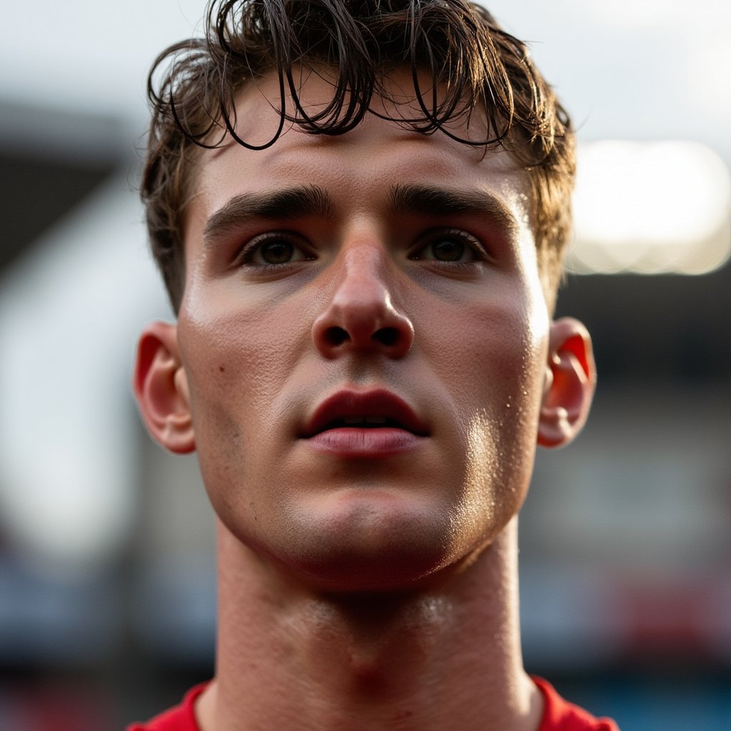 Headshot of a javelin thrower mid-focus before the throw, face calm but intense, sky and stadium in soft blur behind, athlete in national jersey