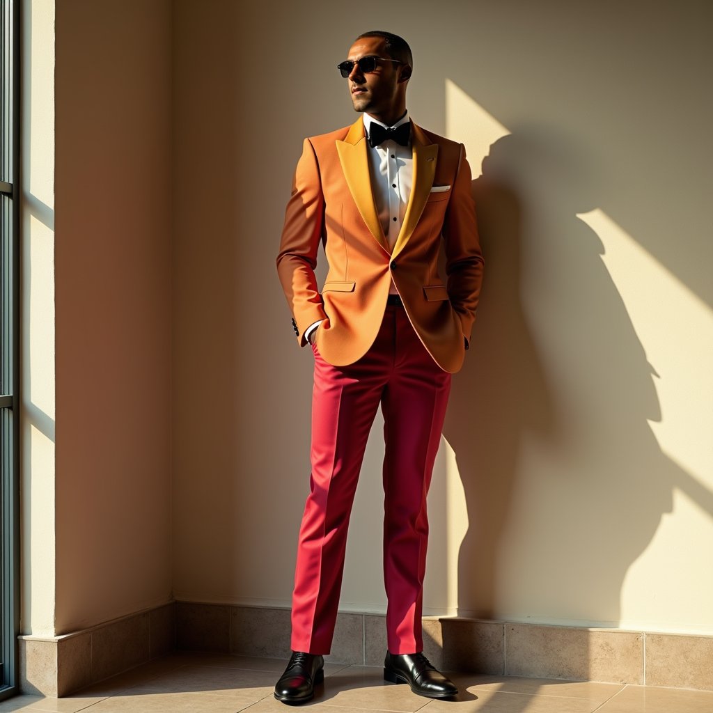 Man in bold tuxedo, luxurious home, soft sidelight.