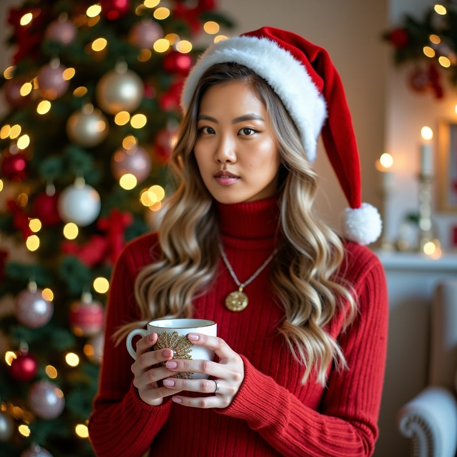woman in festive holiday attire, adorned with sparkling jewelry and a warm smile, surrounded by twinkling Christmas lights and decorations, holding a cup of hot cocoa or a decorative ornament, against a cozy winter wonderland backdrop