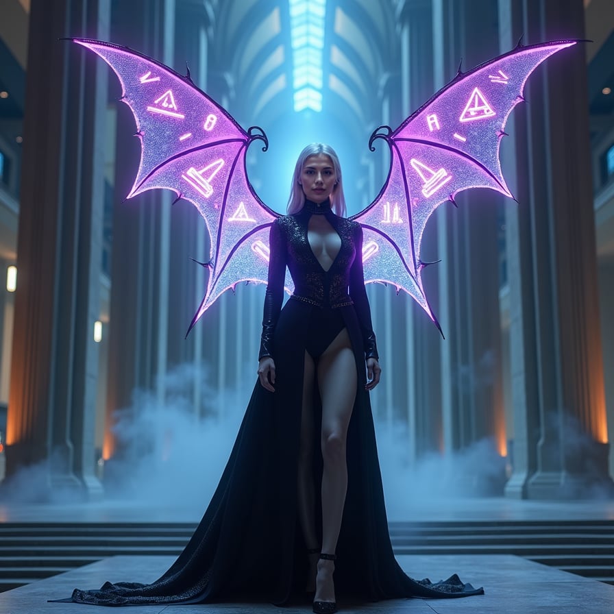 Depict a futuristic vampire woman with holographic wings standing in a grand, futuristic cathedral-like structure. Her wings emit a faint, digital glow, shifting colors between violet and blue. She wears a dark, high-collared cloak with neon accents, and her skin is porcelain white. She stands atop a platform, looking down as if she’s about to make an announcement, with holograms of ancient vampire symbols floating in the air around her.