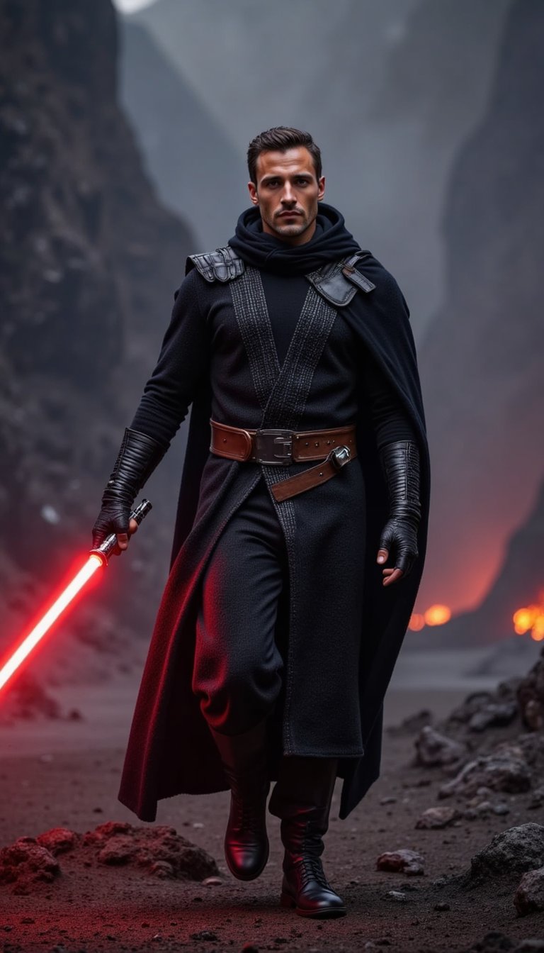 A powerful Sith Lord with glowing red eyes and a red lightsaber, cloaked in a black hooded robe, standing on a volcanic planet with lava flows and dark smoke, intense expression, dramatic shadows, cinematic lighting inspired by Mustafar