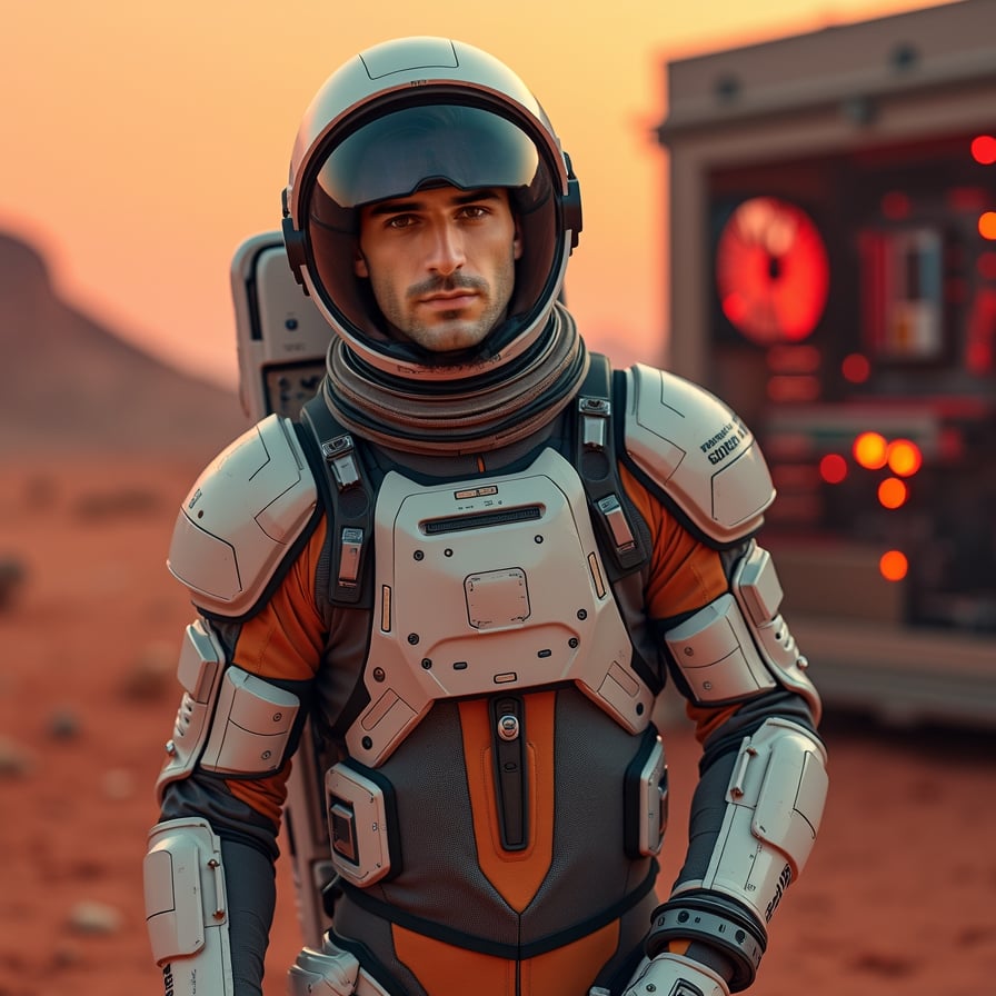man in futuristic astronaut suit, surrounded by Martian landscape, constructing a futuristic habitat module, under the harsh reddish-orange glow of the Martian sky, with a barren, rocky terrain stretching out to the horizon.