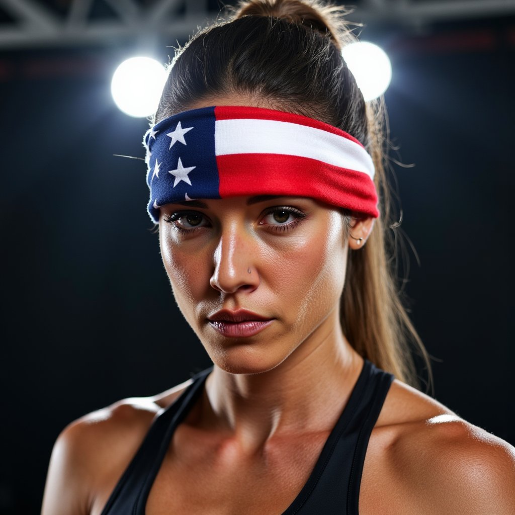 Close-up headshot of a determined athlete wearing a national flag bandana, sharp jawline and intense eyes, dark background with rim light outlining face