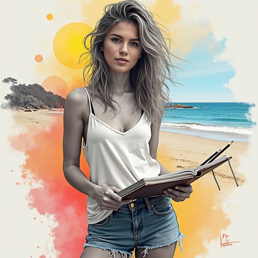 girl with tousled beach hair, wearing a relaxed fit tank top and paired with faded denim shorts, standing on the sandy shore with a serene ocean landscape in the background, holding a beach sketchbook and pencils in hand, capturing the beauty of the coast.