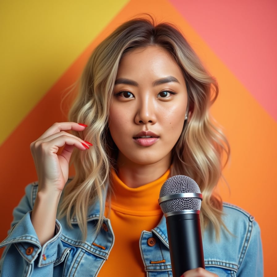 Create a thumbnail headshot of a woman with a friendly, enthusiastic expression. She is styled in modern, colorful clothing, set against a bold, patterned background. The composition should leave space for bold text, making it suitable for cross-platform promotion