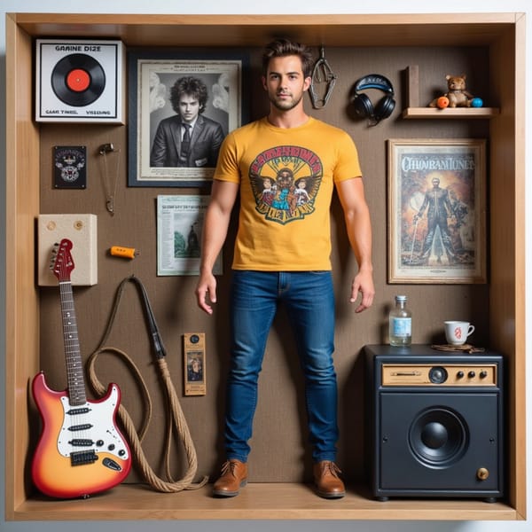 Wearing a vintage band tee and jeans, this figure lounges next to vinyl records, a guitar, headphones, and a record player. Posters line the packaging.