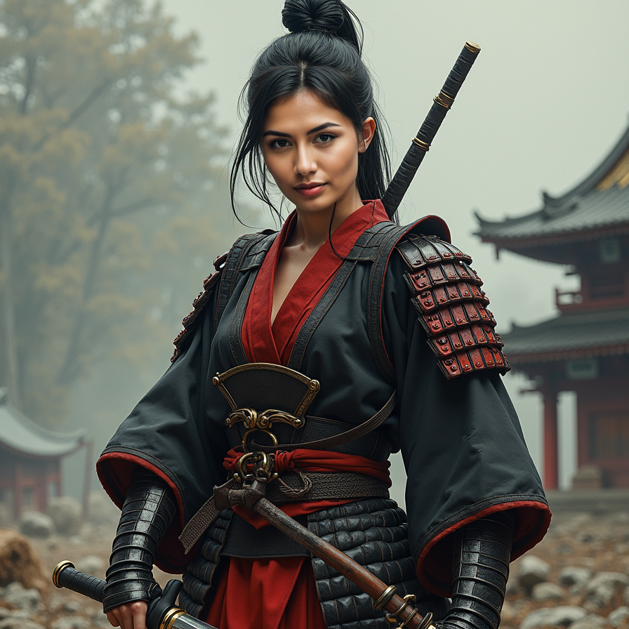 woman in traditional samurai attire, consisting of a hakama and kimono, with a b