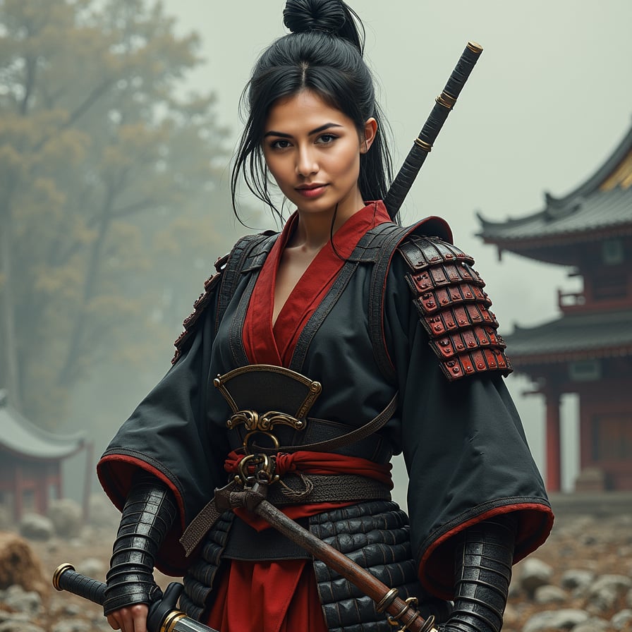 woman in traditional samurai attire, consisting of a hakama and kimono, with a bold, determined expression, sans helmet, posed in a powerful stance, surrounded by a misty, atmospheric background with subtle hints of Japanese architecture.