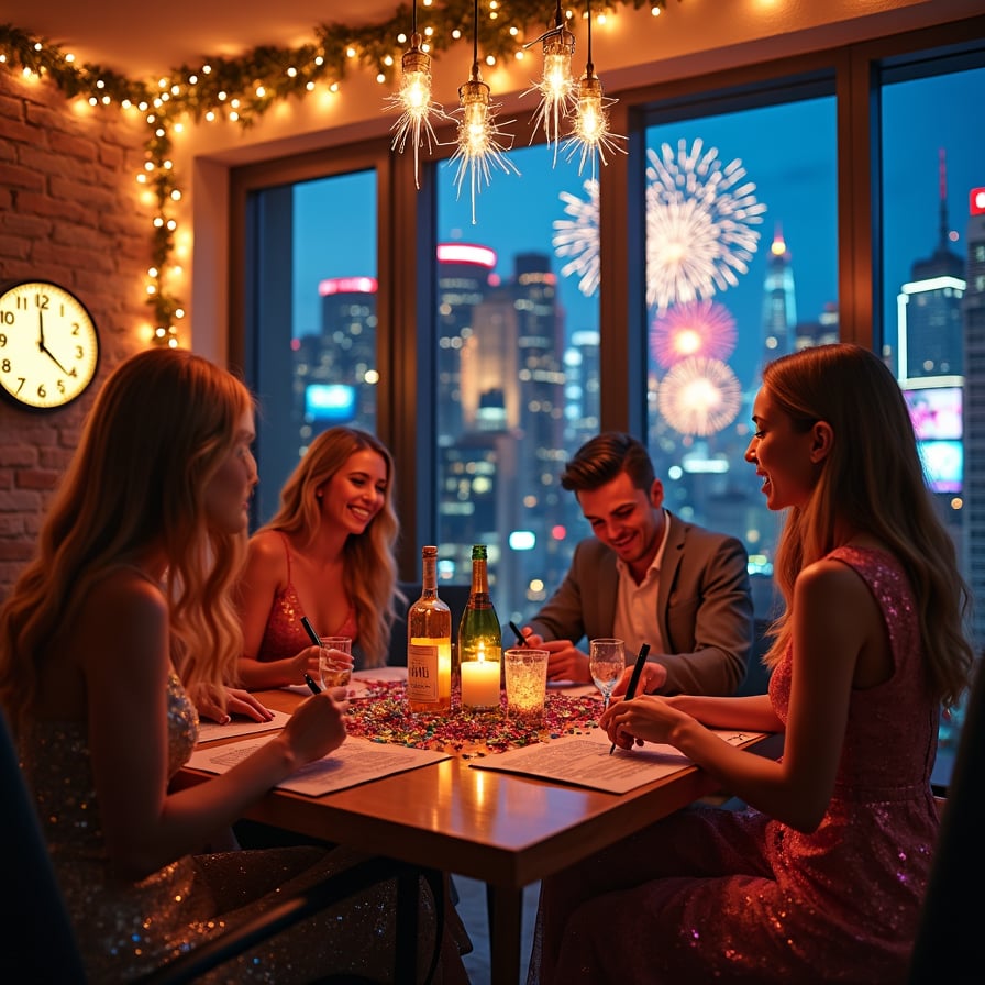A vibrant living room adorned with sparkling fairy lights, festive decorations, and a glowing clock nearing midnight. Friends and family dressed in glamorous outfits, writing resolutions on colorful cards, with a festive drink station in the background