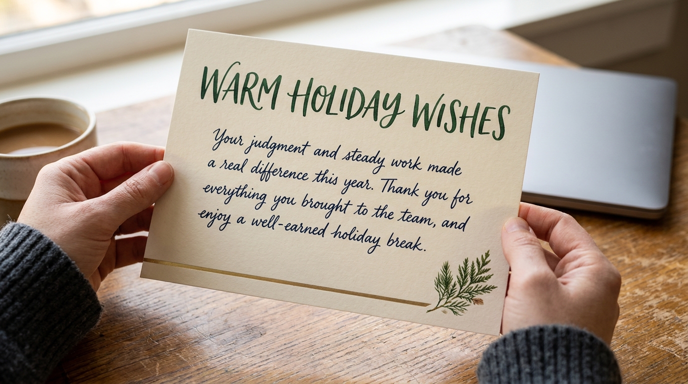 Employee holding a holiday card that recognizes their judgment, steady work, and contribution