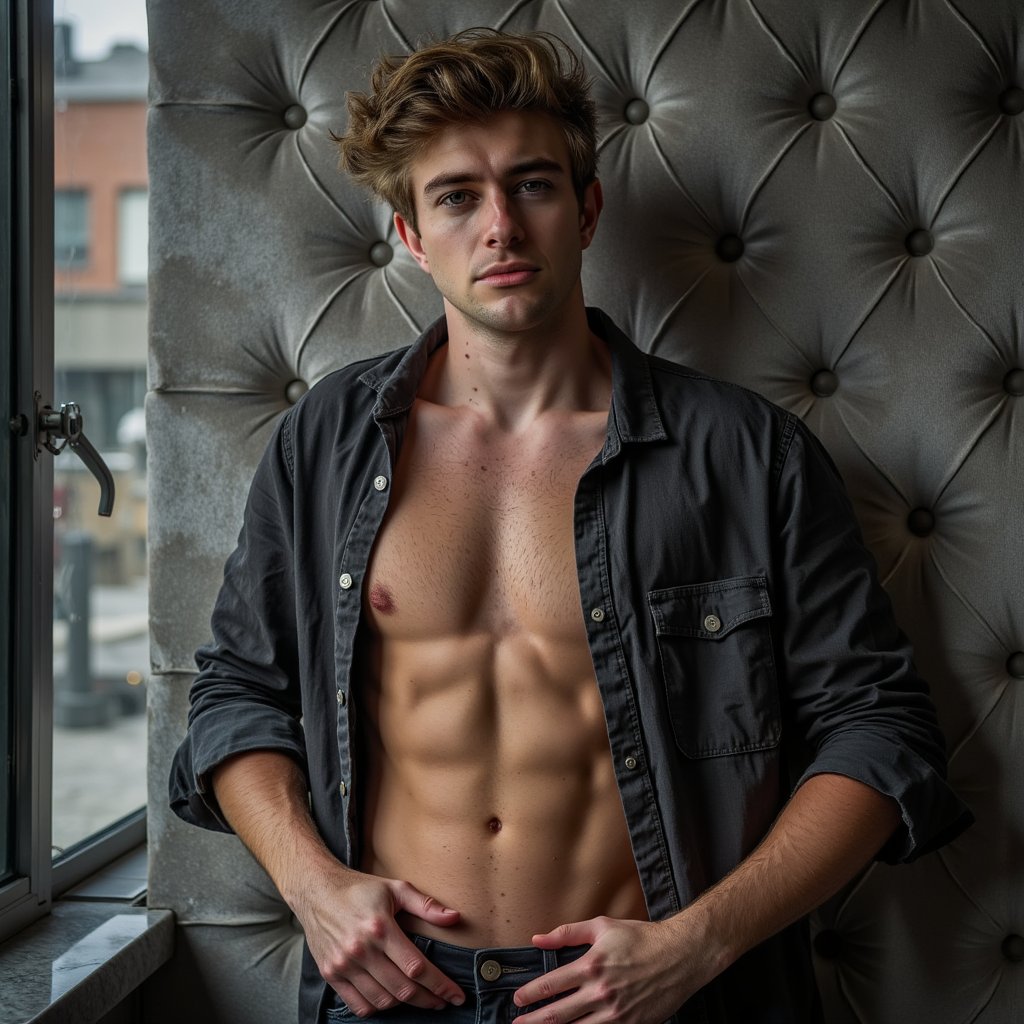 A highly detailed, highly realistic HDR waist-up portrait of a 28-year-old male creator in an undone charcoal button-down shirt, exposing part of his toned chest, sleeves casually rolled up. He leans against a rich velvet backdrop with one arm braced, head tilted slightly, lips curved in a subtle smirk. Captured at 50mm f/1.8, a dramatic spotlight from camera left sculpts his jawline and collarbones, while warm fill light softens his gaze. His eyes meet the camera with slow-burning confidence, embodying the intimate, premium OnlyFans vibe rather than a traditional fashion shoot.