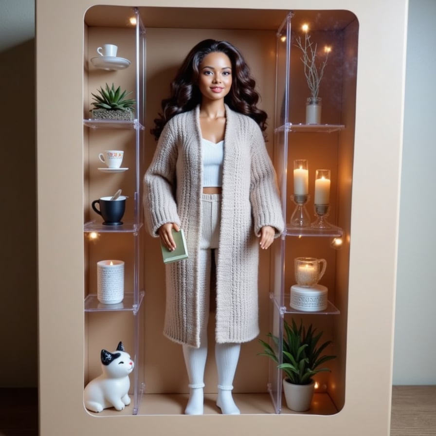 Wrapped in a chunky knit blanket, this figure holds a book in one hand and hot cocoa in the other. Includes: candles, fuzzy socks, sleepy cat figure, and fairy lights.