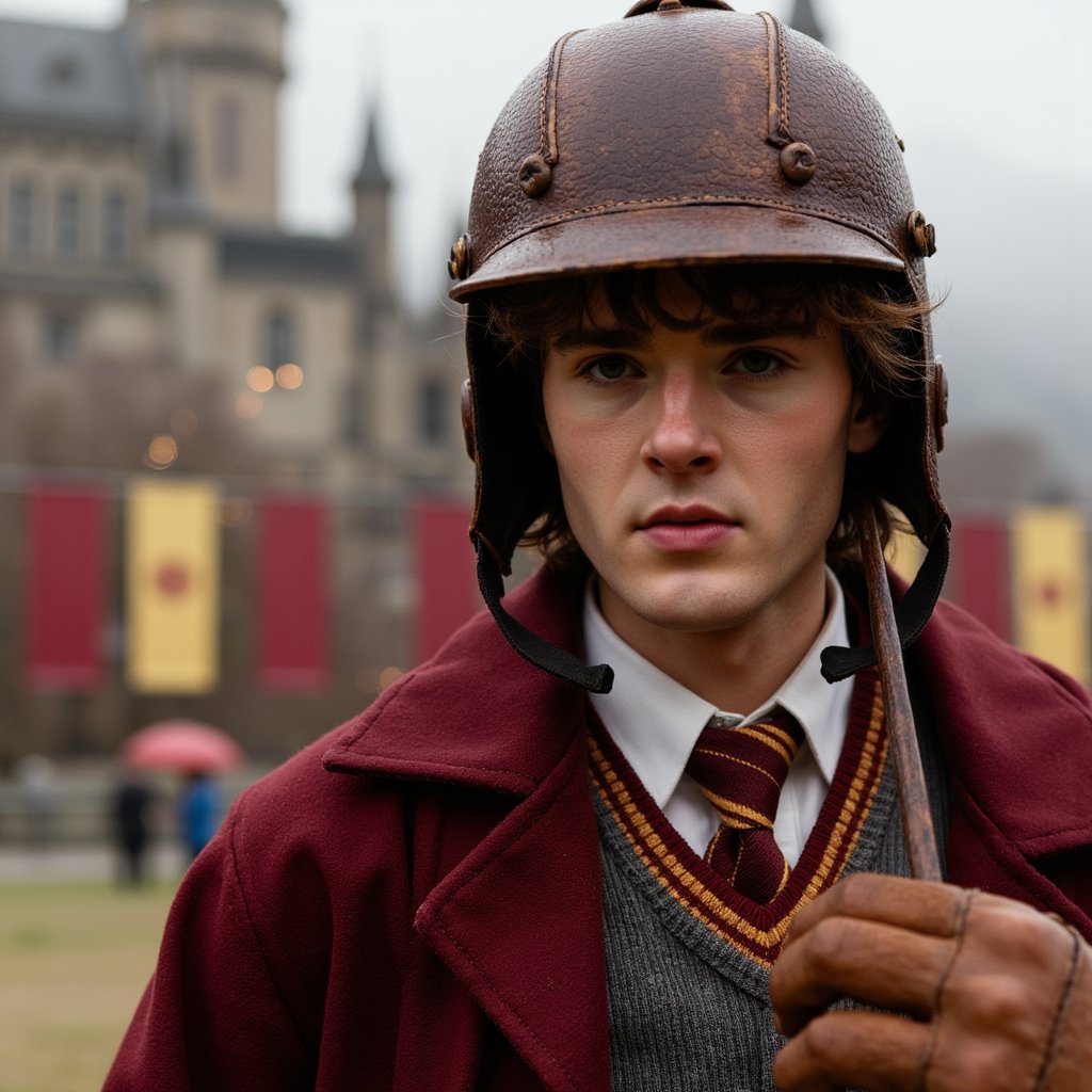 Highly detailed telephoto HDR portrait of a 17-year-old male Quidditch captain with tanned skin and a sweat sheen, strong cheekbones, and determined amber eyes, sandy-brown hair windswept beneath a weathered leather helmet with creases and cracked texture; wearing heavy maroon-and-gold wool Quidditch robes with frayed cuffs and stitched crest, leather gloves gripping a brown Quaffle with deep grain; shot on a Canon 1DX Mark III with a 135mm f/2.8 lens from slightly above eye level for intimate feel, aperture f/2.8 for compressed background; late-afternoon golden sunlight as rim light, diffused front key to preserve skin detail; background of blurred stadium banners in deep maroon and gold.