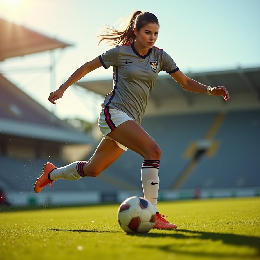 woman in athletic wear, full-body tackle in motion, athletic field or stadium in the background