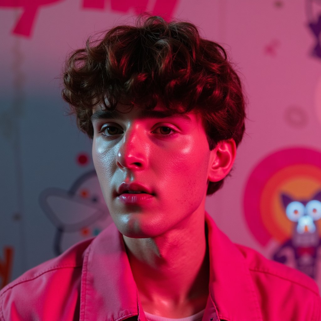 man in a vibrant, expressive look, styled with a bold pop-inspired aesthetic. The scene is infused with vivid pink tones, soft neon lighting, and nostalgic retro elements. His appearance is relaxed yet confident, channeling the mood of creative freedom and emotional uplift. The background features soft textures and playful graphic accents. Hyper-detailed, saturated colors, smooth lighting gradients, retro-modern vibe
