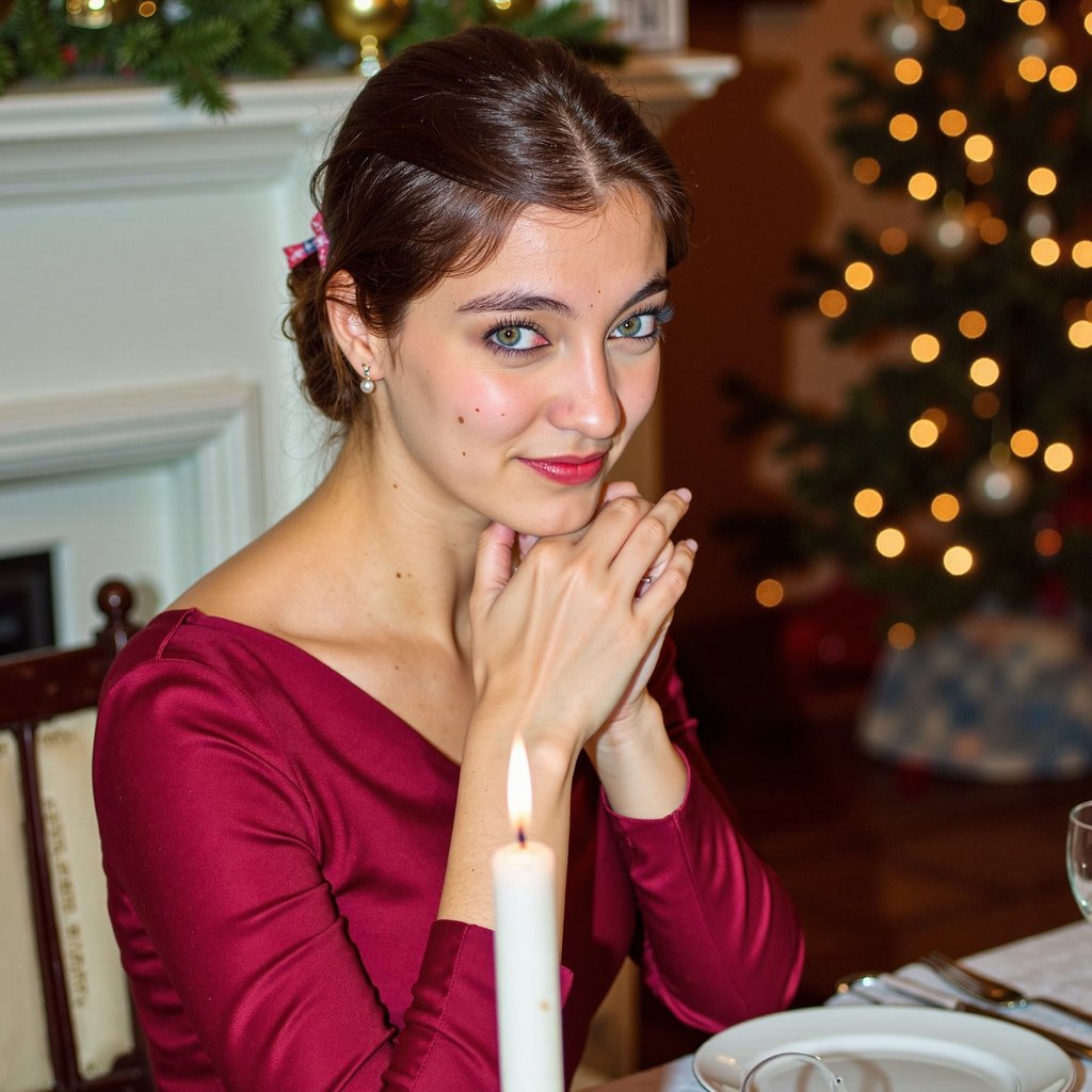 A close-up portrait of a woman seated at an elegantly set Christmas dinner table, chin resting lightly on her hand, eyes toward camera, half-smile. Hairstyle: neat bun with a few tendrils, small diamond stud earrings. Attire: crimson satin dress with off-shoulder neckline, subtle shimmer. Fabric details: satin reflection, delicate stitch definition, gleam from candlelight. Camera: close 85mm portrait, f/1.4 for dreamy shallow DOF. Lighting: candlelight key + dim ambient fill; warm and moody. Background: blurred crystal glassware, soft golden bokeh from tree lights; no visible clutter. Render: highly detailed, highly realistic, HDR; lifelike skin sheen from candle reflection, crisp catchlights.