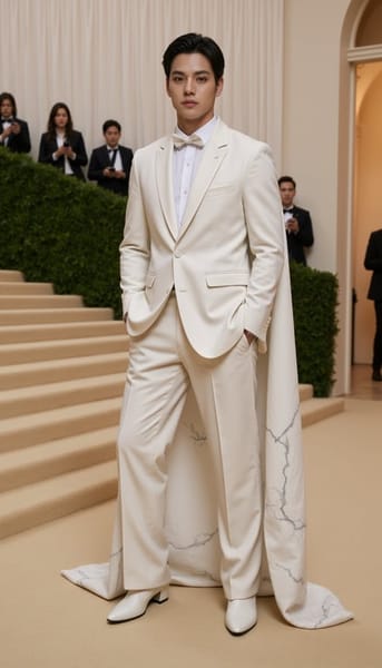 Background: actual 2026 Met Gala setting at the Metropolitan Museum of Art, grand stone steps, tan stone-garden carpet with moss-green patches, soft wisteria floral framing, polished marble, warm evening gala lighting, subtle photographers blurred in the background.
Model: fictional male model in white marble-inspired couture tailoring, with a sculpted draped blazer, stone-textured wide-leg trousers, subtle silver anatomical detailing, and a cape falling like carved marble fabric; standing in a statuesque contrapposto pose.
Camera: low three-quarter full-body shot, museum-like sculptural lighting, sharp focus.