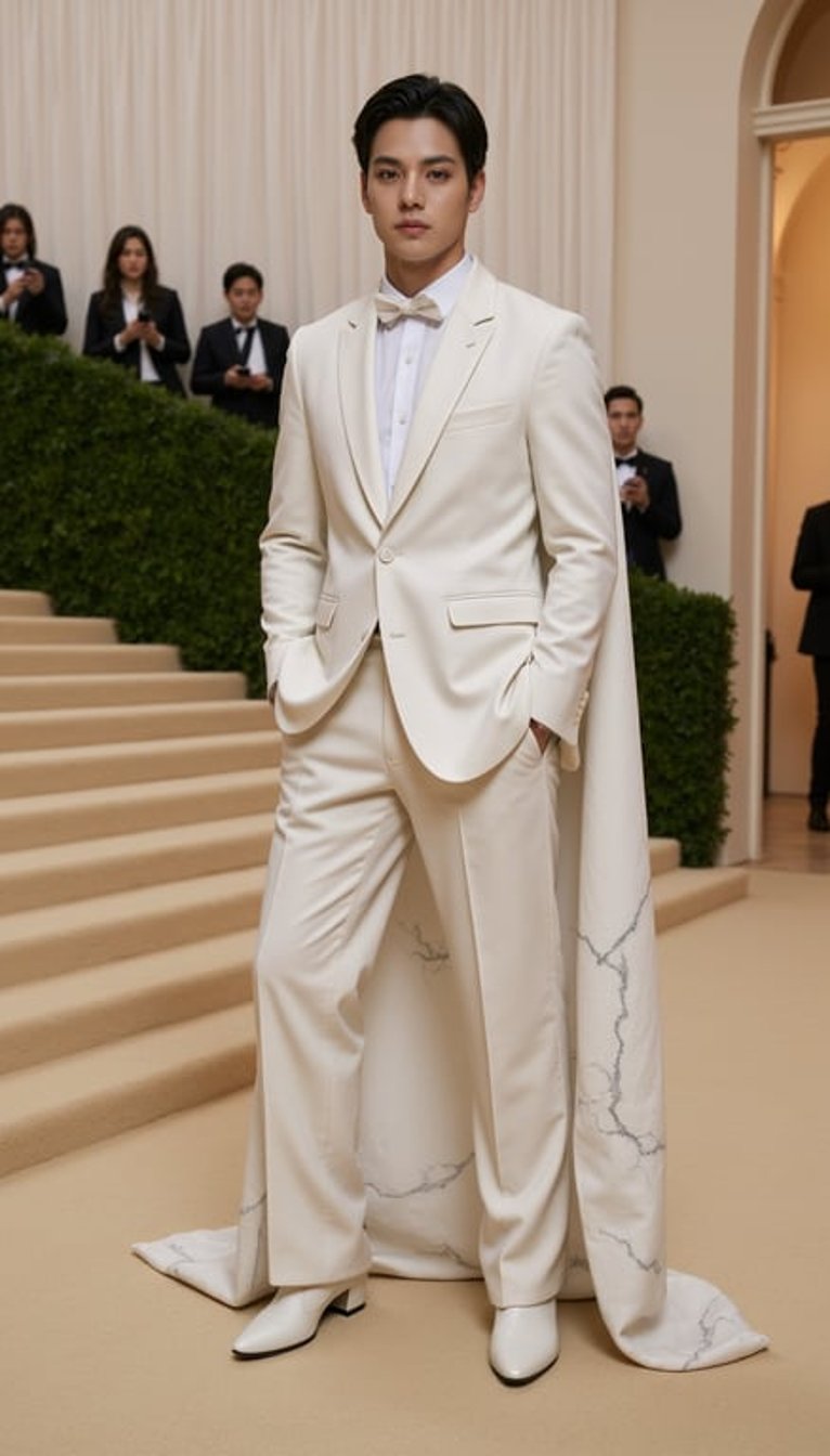 Background: actual 2026 Met Gala setting at the Metropolitan Museum of Art, grand stone steps, tan stone-garden carpet with moss-green patches, soft wisteria floral framing, polished marble, warm evening gala lighting, subtle photographers blurred in the background.
Model: fictional male model in white marble-inspired couture tailoring, with a sculpted draped blazer, stone-textured wide-leg trousers, subtle silver anatomical detailing, and a cape falling like carved marble fabric; standing in a statuesque contrapposto pose.
Camera: low three-quarter full-body shot, museum-like sculptural lighting, sharp focus.