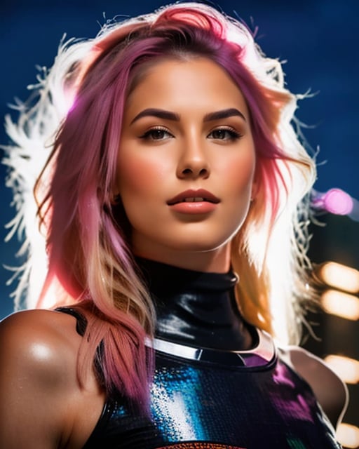 Create a high-resolution image of a female character in a cyberpunk setting. She should have a futuristic, edgy look with neon accents, advanced tech gear, and a cityscape background filled with towering skyscrapers and vibrant, glowing signs. Her expression should be determined and confident, embodying the essence of a cyberpunk heroine."
 vibrant, cyber punk city scape, long blond hair with pink strips, heavy makeup, athletic hot body, seductive smile, ultra neon lighting in background, vibrant colors, beautiful, dramatic lighting, shallow depth of field, Ultra-realistic, beautiful lighting,(italian:0.3, spanish:0.4, french:0.3) , cyberpunk theme, wild long hair, blonde with pink streaks, high detail hair, smokey eye shadow, high detail skin, high detail eyes, seductive eyes, smokey makeup, slender body, toned body, perfect face, slim athletic body, , (cold attitude, eyeshadow, eyeliner:1. 6) 