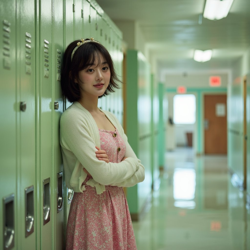 Realistic 1960s hallway portrait of a teen girl leaning into her locker with a relaxed smile, captured with a 28mm lens for subtle environment distortion. She wears a short-sleeved knee-length cotton dress in a floral pattern of pink and white, with a cinched waist and decorative buttons down the front. Fabric creases realistically at her bent elbow and side. A white cardigan hangs loosely over her shoulders, its thin knit revealing faint pilling at the cuffs and fine ribbing near the neckline. Her hair is styled in a curled bob with a small fabric headband, bangs trimmed straight across the forehead. Her cheeks show dimples as she smiles, lips with a slight gloss. Skin texture includes faint under-eye shadows and a soft flush. Light from a high overhead fluorescent casts a natural downward gradient, making the contours of her face more defined. Lockers behind her are painted faded mint green, with scuff marks, stickers, and light reflections blurred into an abstract wash.