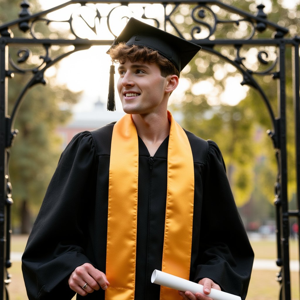 Waist-up composition of a man graduate centered under an ornate wrought-iron campus gate, hands resting casually on the gown’s sides, looking upward slightly; wearing a black gown, gold-trim honor stole, mortarboard tassel draped over the left; short textured haircut, light beard; camera placed low for a subtle upward heroic angle, 35 mm lens, f/2.8; lighting: bright midday sun filtered through trees, with reflector fill balancing shadows; gate lettering visible but softly blurred; micro-details of metal highlights and gown folds clearly defined, background slightly hazy to focus on subject; highly detailed, highly realistic, HDR style.
