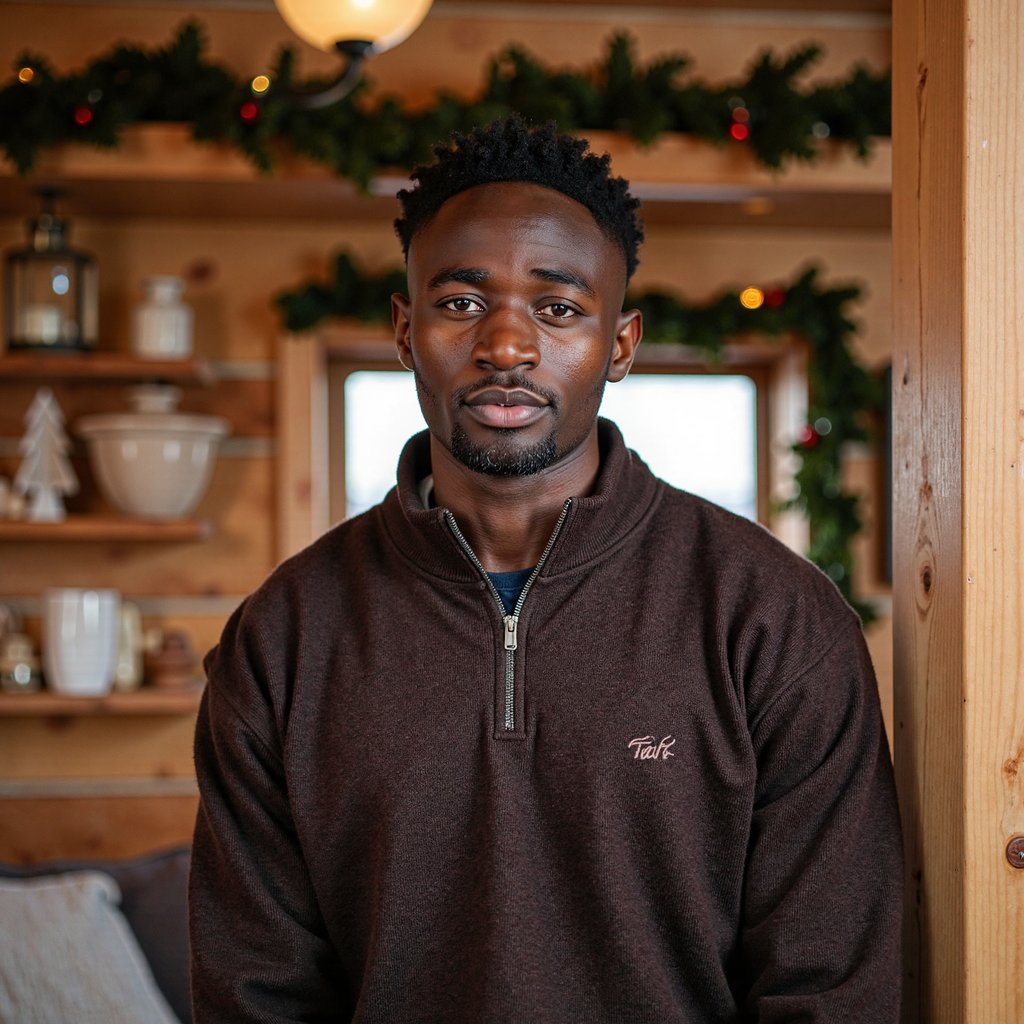 Waist-up portrait of a man inside a wooden cabin decked with subtle Christmas décor. He leans lightly against a wooden beam, hands relaxed at his sides, calm stillness. He wears a dark brown lambswool quarter-zip sweater with visible fiber fuzz, zipper glinting softly.
Hair: messy textured waves; short beard.
Lighting: warm cabin lantern light from camera-left, with a cooler outdoor window glow from behind for contrast.
Background: blurred cabin shelves with pine garland and a couple of minimal ornaments; clean, uncluttered, warm tones.
Camera: 70mm f/2, slight upward angle to add cabin grandeur; highly detailed, highly realistic, HDR showcasing wool texture and wood grain.