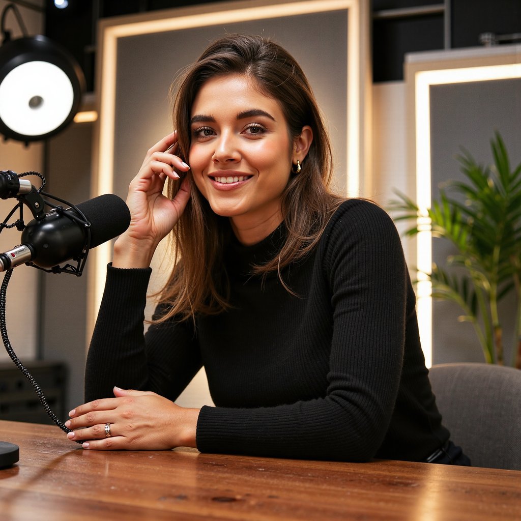 Highly detailed, highly realistic, HDR, 8k podcast host in a modern studio; camera: 50mm, f/1.8, seated three-quarter shot; lighting: ring light key + soft practical lamps behind, warm rim; pose: leaning into a broadcast mic with pop filter, elbows on walnut desk; facial detail: subtle smile lines, natural under-eye texture; attire: black crewneck knit, textured cotton; hair: shoulder-length waves, tucked behind one ear; background: acoustic panels and a single plant, softly blurred, minimal clutter; include braided XLR cable detail; color: warm tungsten with gentle falloff.