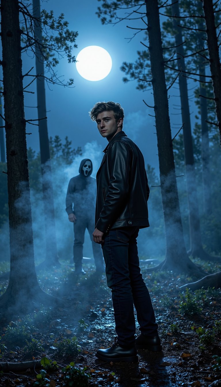 headshot of A man in a leather jacket standing in a moonlit forest clearing, gazing off to the side as though he heard something. His short, slightly messy hair catches the glow of the moon, while fog curls around his feet. In the background, Ghostface from Scream emerges faintly from behind the trees, blending with the misty darkness. The entire scene is cinematic, lit with cold blue tones, evoking a classic slasher-film poster.