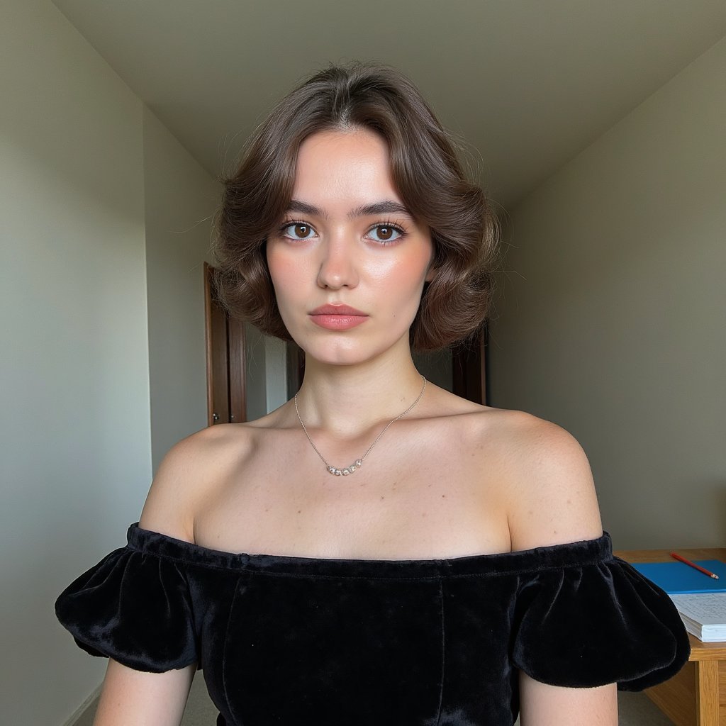 Hyperreal 1960s yearbook studio portrait of a high school senior girl, shot from the chest up with a 105mm lens. Her posture is upright, shoulders slightly angled away, chin tilted subtly downward. Hair styled in a voluminous bouffant with smooth curls tucked at the ends, a few soft flyaways near the temples. She wears a black velvet off-shoulder drape, with visible fine texture and faint light absorption in the fabric folds. A single pearl necklace rests at the collarbone, catching a faint reflection of the key light. Her skin is smooth but lifelike, with a faint natural sheen on the cheekbones and a soft pink blush. Freckles faintly visible under light studio makeup. Soft HDR lighting from the left with a fill bounce on the right, creating delicate shadow gradients under the jaw and nose. Background is seamless dark grey with a barely perceptible vignette, clean and softly blurred. Her eyes gaze directly into the lens, faint light catch creating depth.