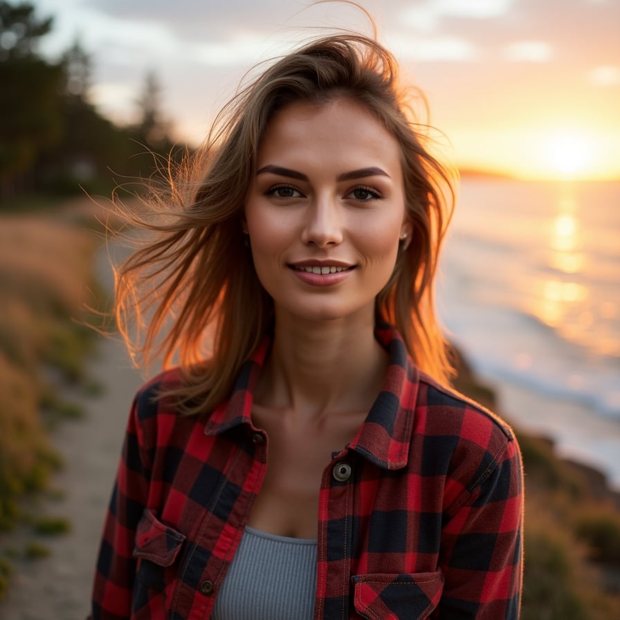woman standing by a forest trail or beach at sunset. She is dressed in casual outdoor wear, like a flannel shirt or jacket, with her hair slightly windswept. Her smile is bright and carefree, reflecting her vibrant and adventurous personality
