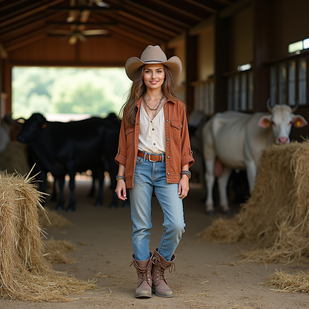 girl wearing a cowboy hat and rugged boots, standing amidst a rustic barn surrou