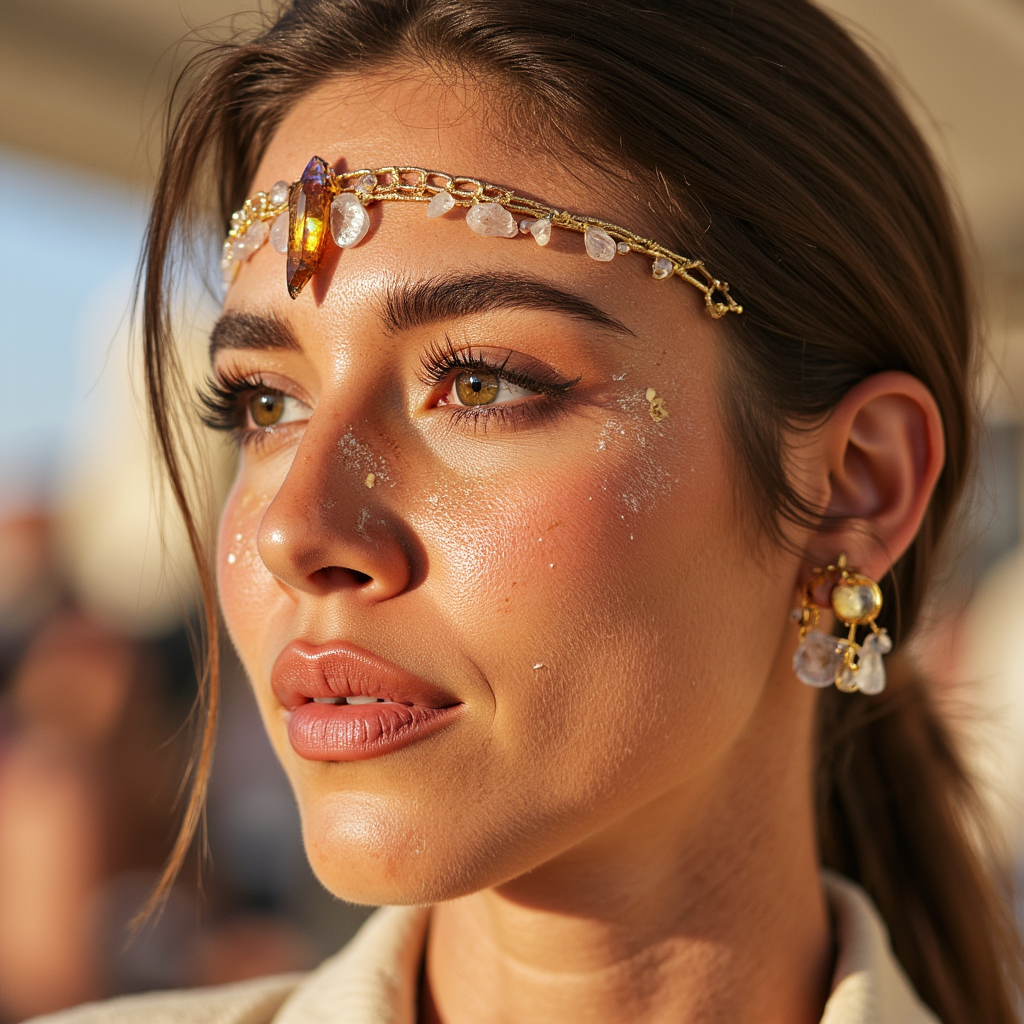 Close-up of a reflective, dust-covered face with crystalline forehead ornament, 