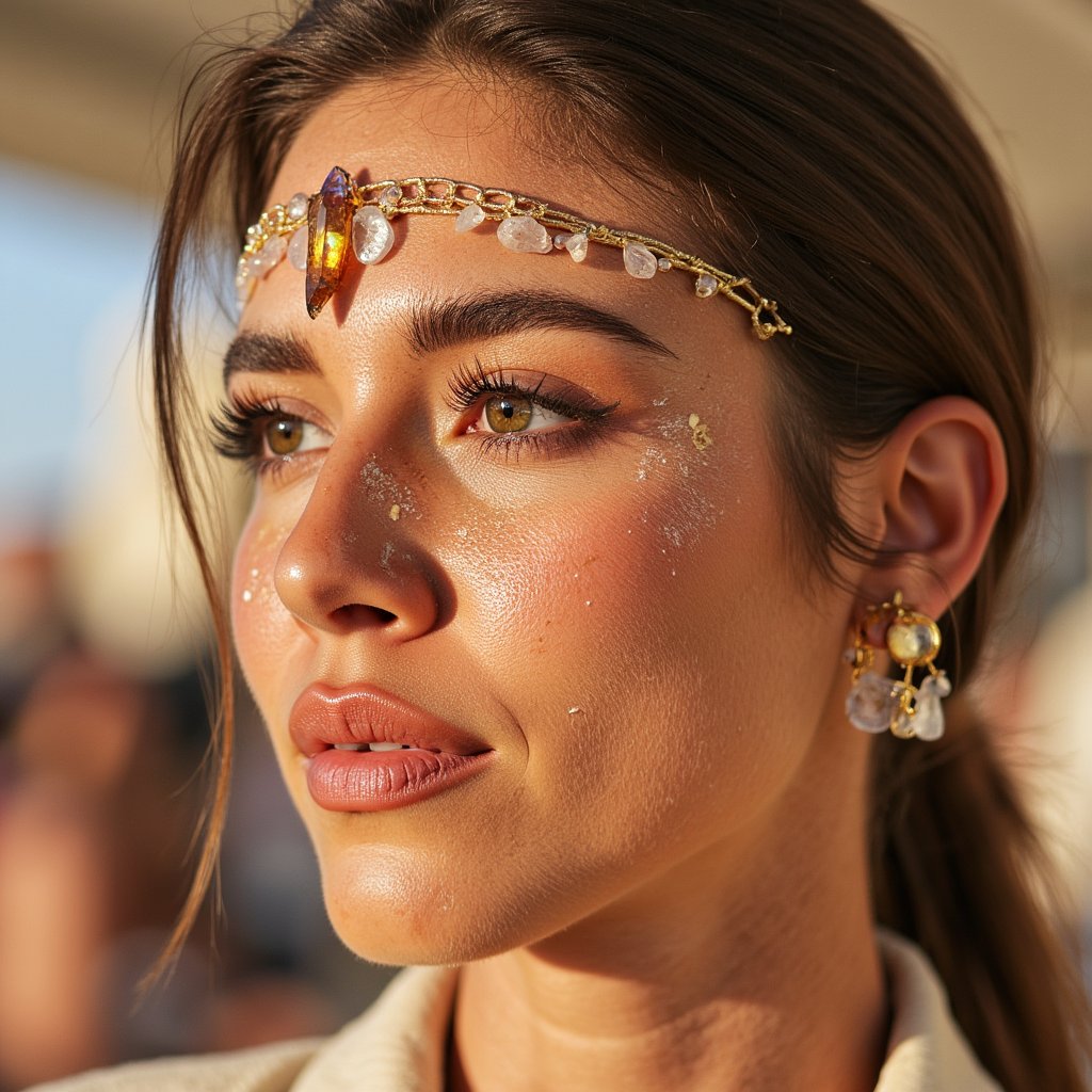 Close-up of a reflective, dust-covered face with crystalline forehead ornament, golden light across cheekbones, captured in the stillness of Burning Man 2025