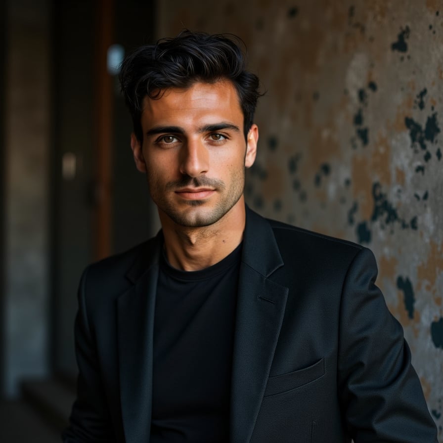 man with a confident, subtle smile. He is styled in dark, sleek clothing, with dramatic lighting highlighting his features. The background is moody, like a dimly lit urban street or an abstract textured wall, evoking intrigue and allure