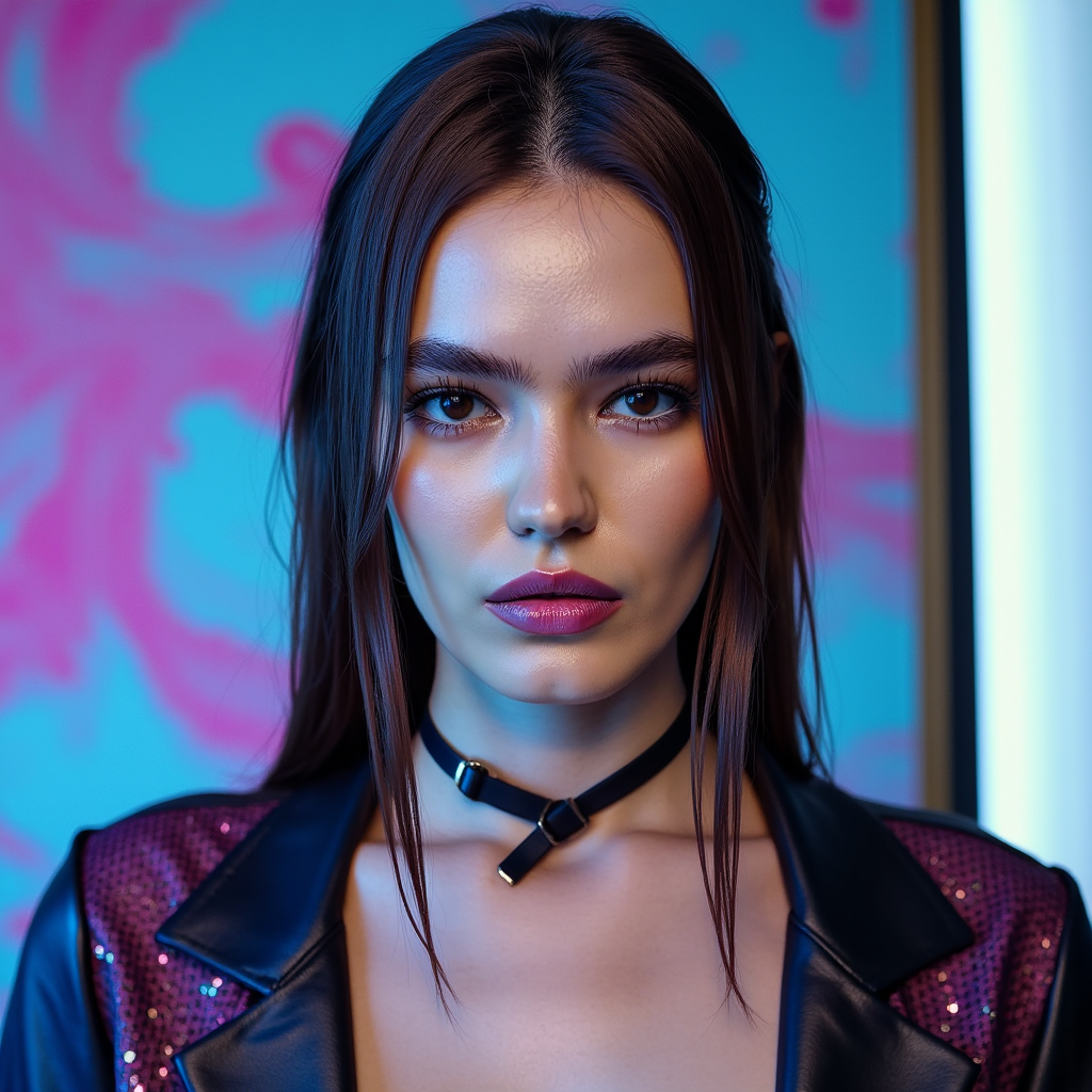 woman in an avant-garde ensemble, her slicked-back, wet-look hair framing a face