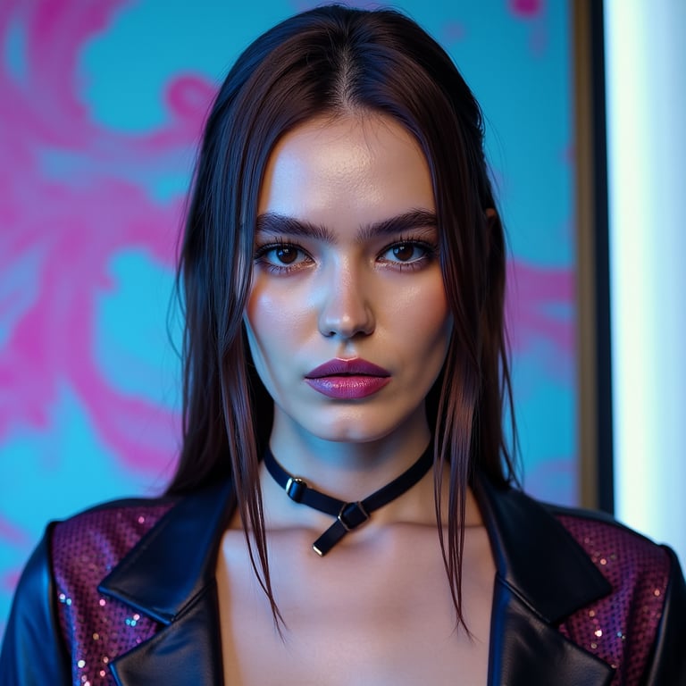 woman in an avant-garde ensemble, her slicked-back, wet-look hair framing a face