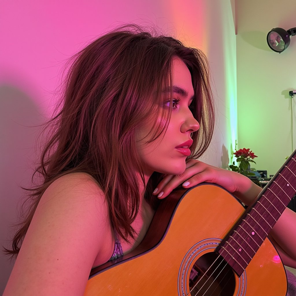 Side-profile headshot of a thoughtful musician with a guitar resting on shoulder, soft overhead spotlight, introspective vibe like a quiet rehearsal before going on stage