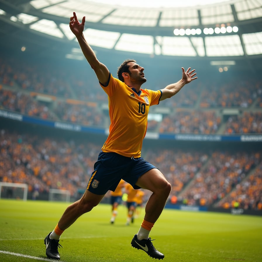 man in a dramatic athletic pose, arms raised in triumph, wearing a professional soccer jersey and shorts, sweaty and euphoric, in the midst of a bustling stadium with cheering fans and blurred movement in the background, capturing the raw emotion of scoring the first goal.